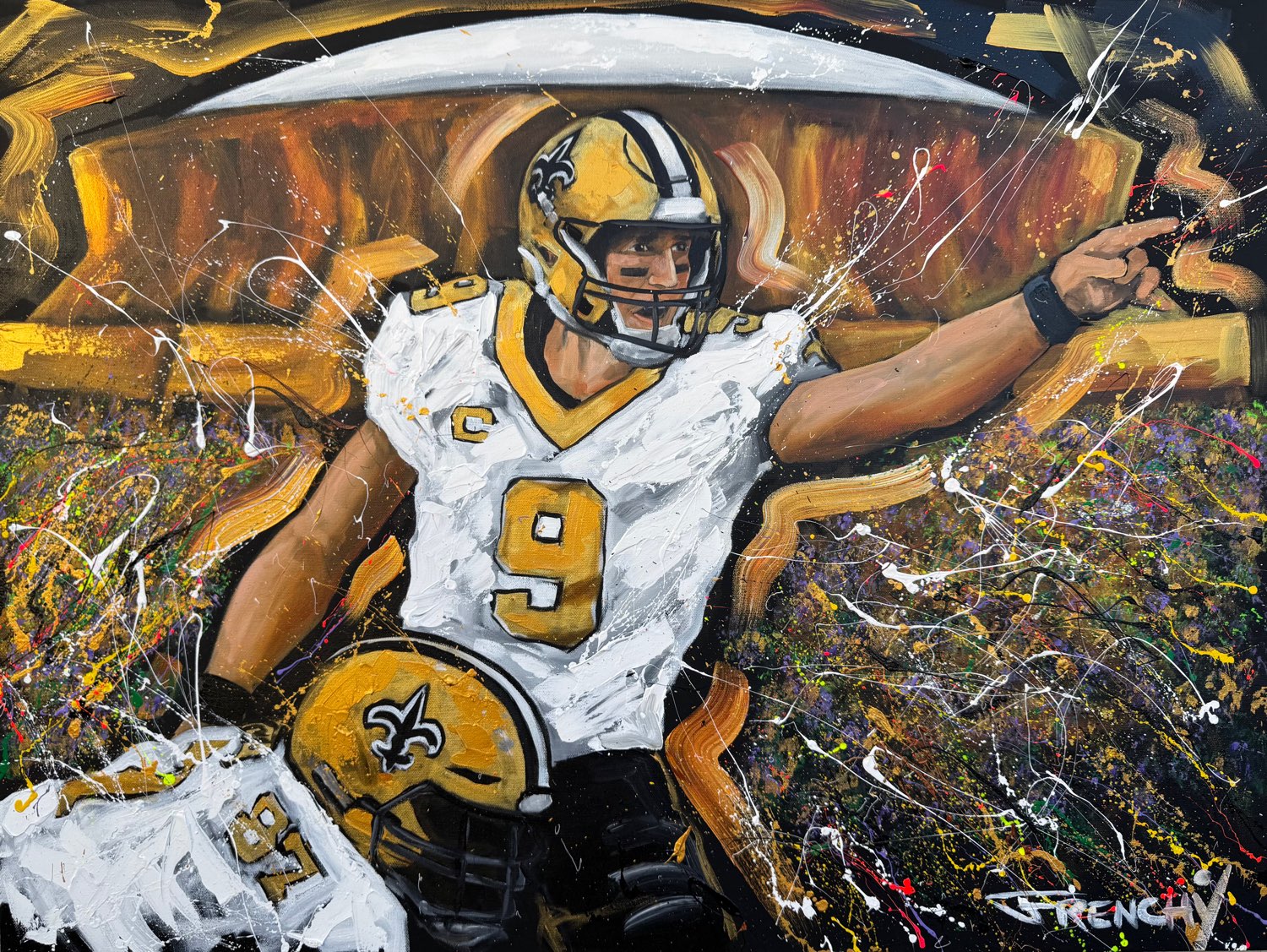 Drew Brees "Ring of Honor", Frenchy's live painting of Drew Brees in his No. 9 jersey pointing downfield, helmet in hand, with the Superdome behind him