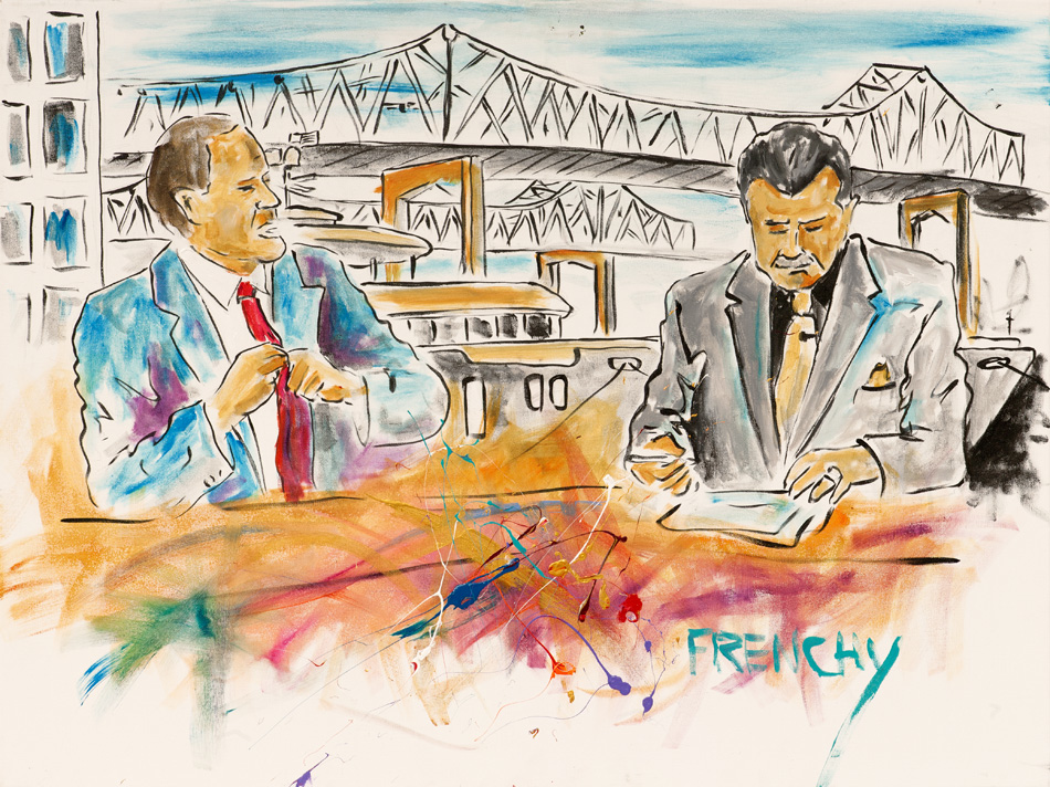 Chris Berman and Mike Ditka painted by Frenchy near the Missippi River